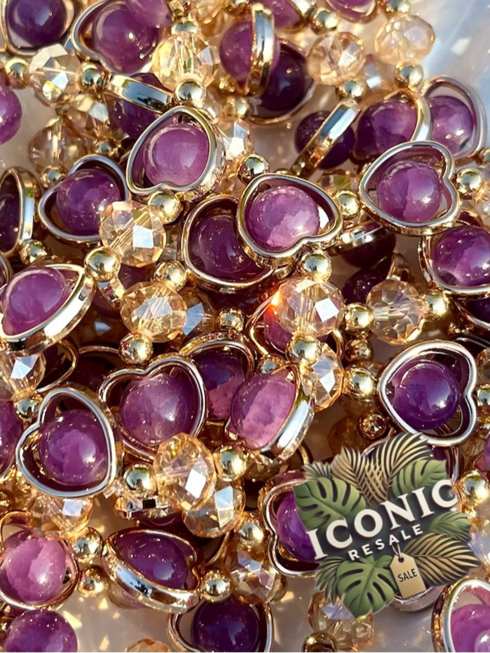Golden Hearts Purple Glass Beaded Bracelet NWOT